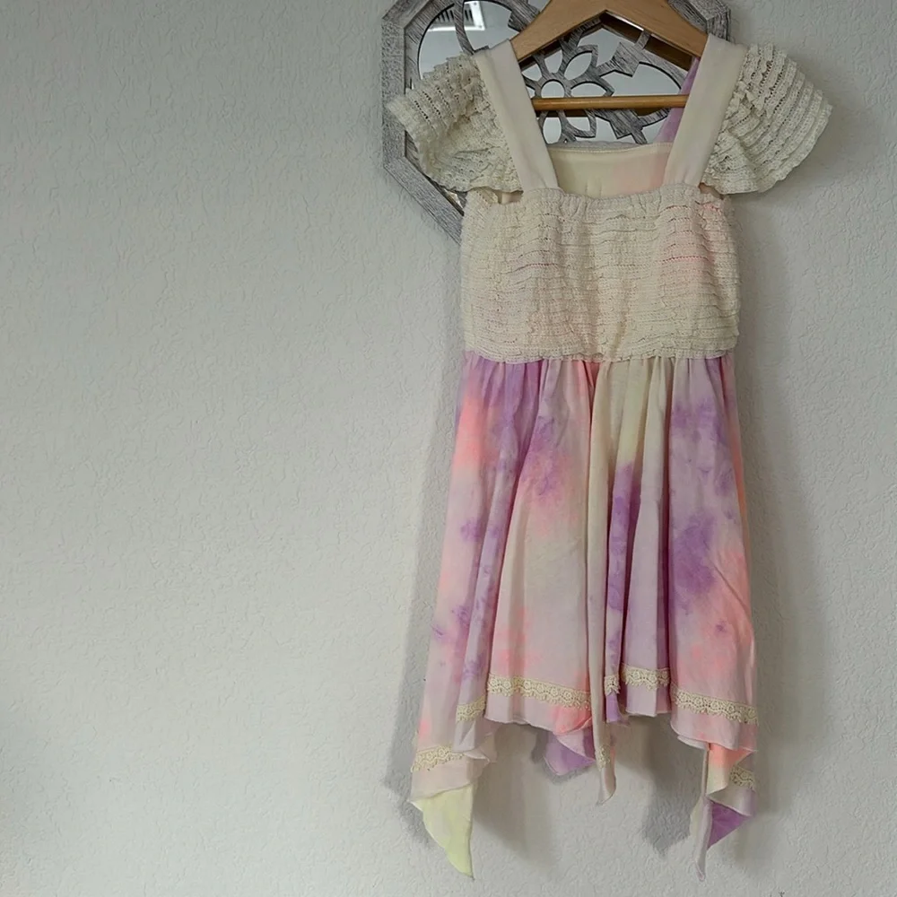 CachCach • Pastel Tie Dye Ruffle Lace Breezy Summer Dress With Handkerchief Hem